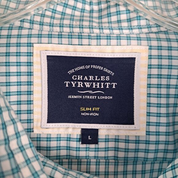 Charles Tyrwhitt Dress Shirt Mens Large Green Grid Check Non Iron Slim Fit - Picture 4 of 9